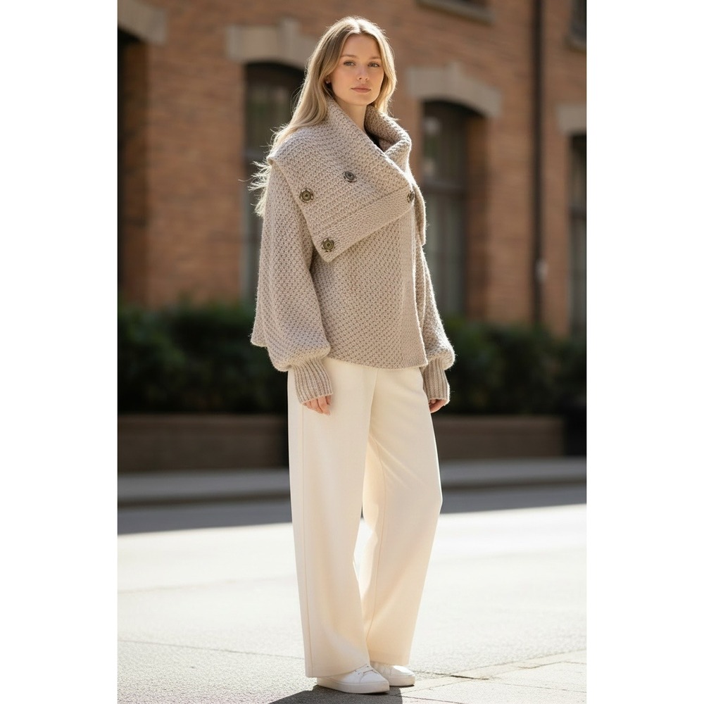 Stella McCartney Chunky Wool Angora Knit Coatigan Taupe Snap Jacket IT 42